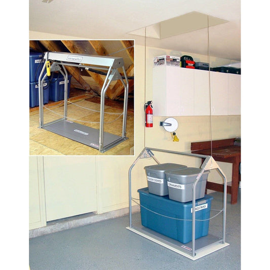  Versa Lift Model 24 attic elevator lowering storage bins from an attic into a garage.