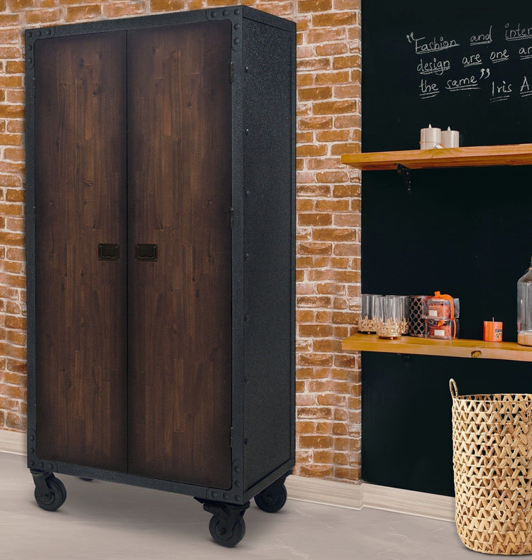 A steel garage storage cabinets and a workbench along a clean garage wall.
