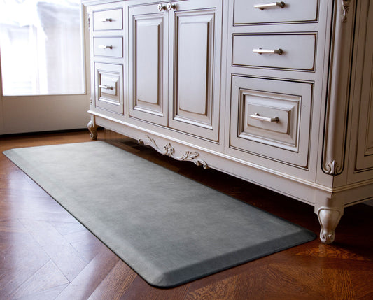  An anti-fatigue mat in front of a garage workbench.