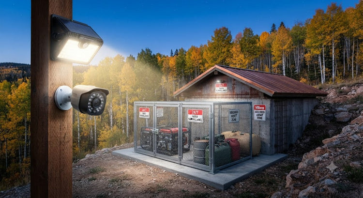 "Solar security light and camera mounted on a post, illuminating a secured generator cage at a remote cabin.