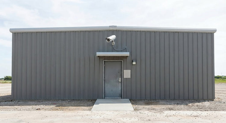 Grey corrugated metal building with security camera above doorway.