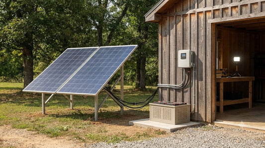 A complete off-grid solar power system with ground-mounted panels and an external battery storage unit installed at a rustic wooden workshop.