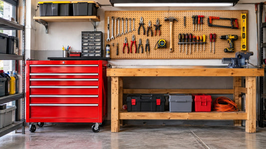 A rolling tool chest and a fixed workbench side by side in a garage