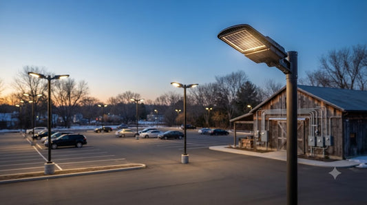 Modern LED solar security lights illuminating a parking lot at dusk.