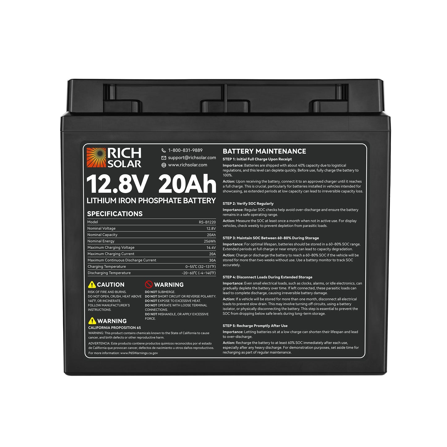 Rich Solar 12V 20Ah LiFePO4 Lithium Battery (256Wh) | Grade A+ Cells