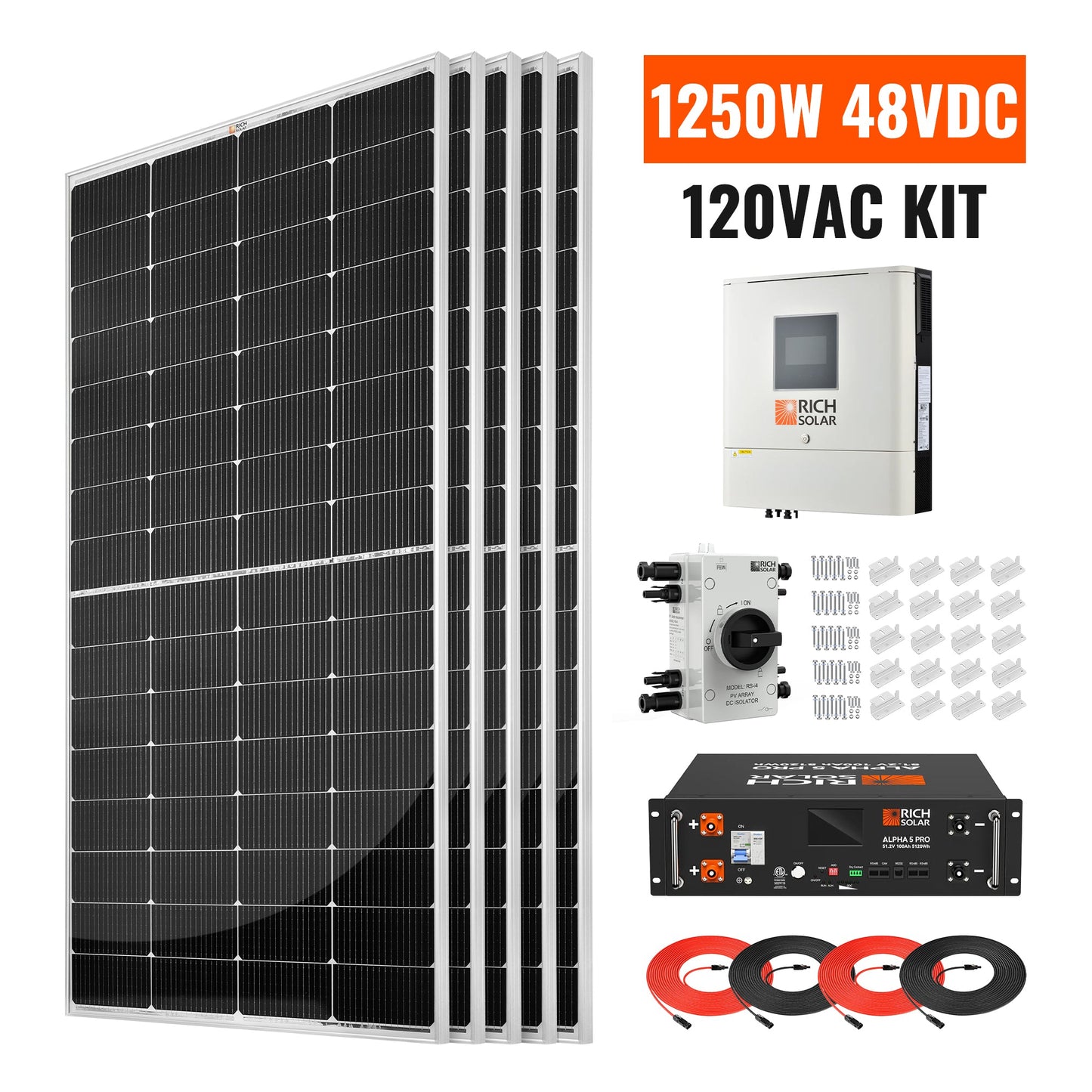 Rich Solar 1250W 48VDC 120VAC Complete Off-Grid Hybrid Solar Kit