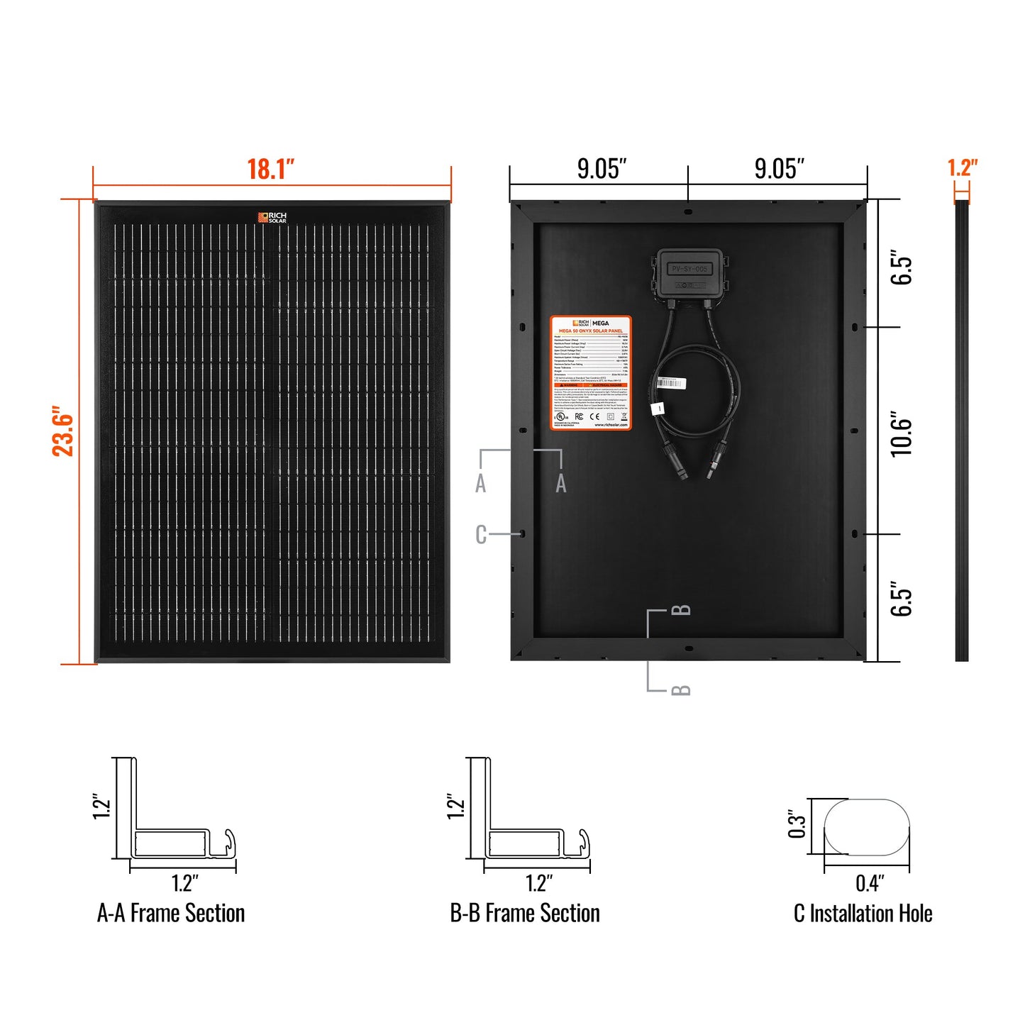 Rich Solar MEGA 50W 12V Monocrystalline Solar Panel (Onyx & Silver)
