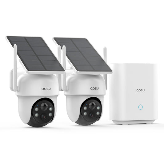 AOSU 2K 3.0MP Dual-Band Outdoor PTZ Solar Security Camera Kit with HomeBase (2-Pack, C9C3CA11)