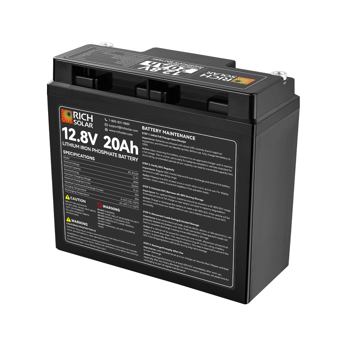 Rich Solar 12V 20Ah LiFePO4 Lithium Battery (256Wh) | Grade A+ Cells