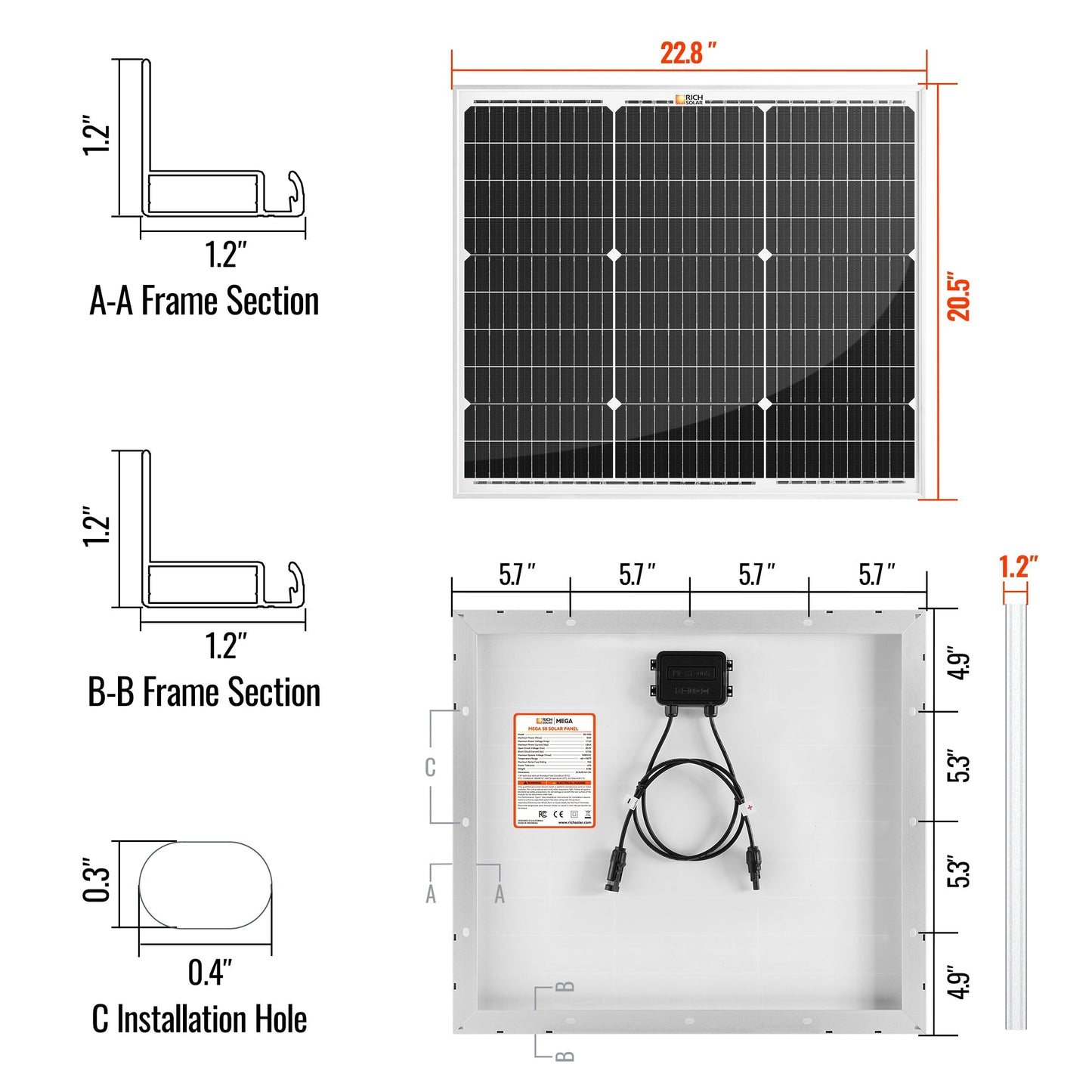 Rich Solar MEGA 50W 12V Monocrystalline Solar Panel (Onyx & Silver)