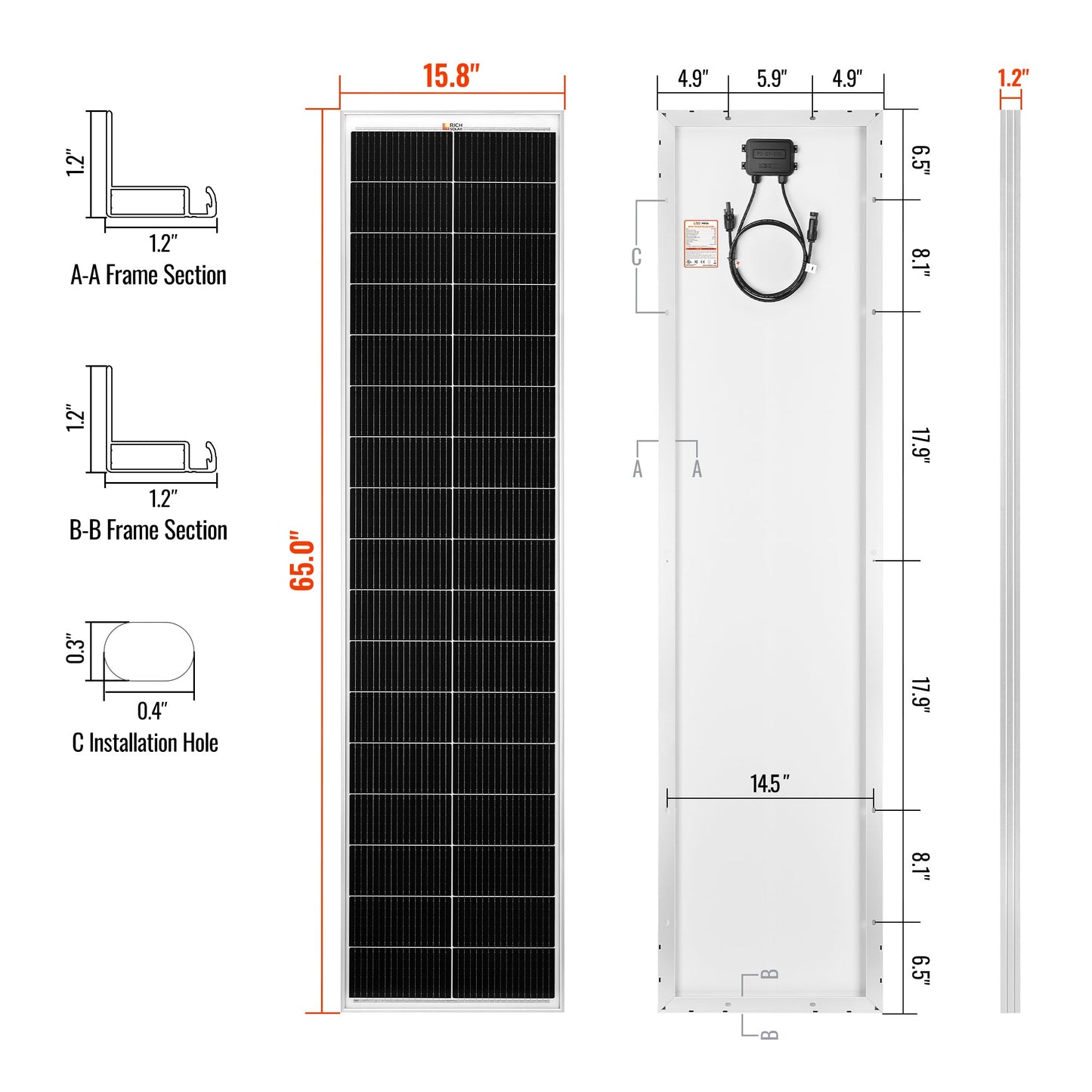 RICH SOLAR MEGA 130 Slim 12V Mono Solar Panel (Onyx Black & Silver)