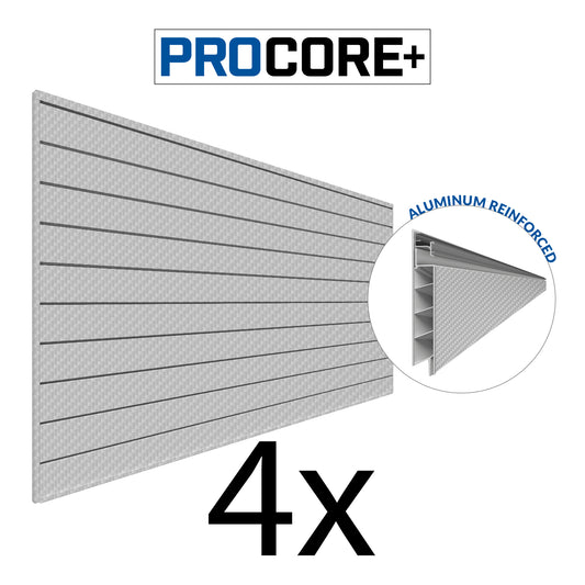 Proslat 8 ft. x 4 ft. PROCORE+ Silver Gray Carbon Fiber PVC Slatwall – 4 Pack 128 sq ft 87747K