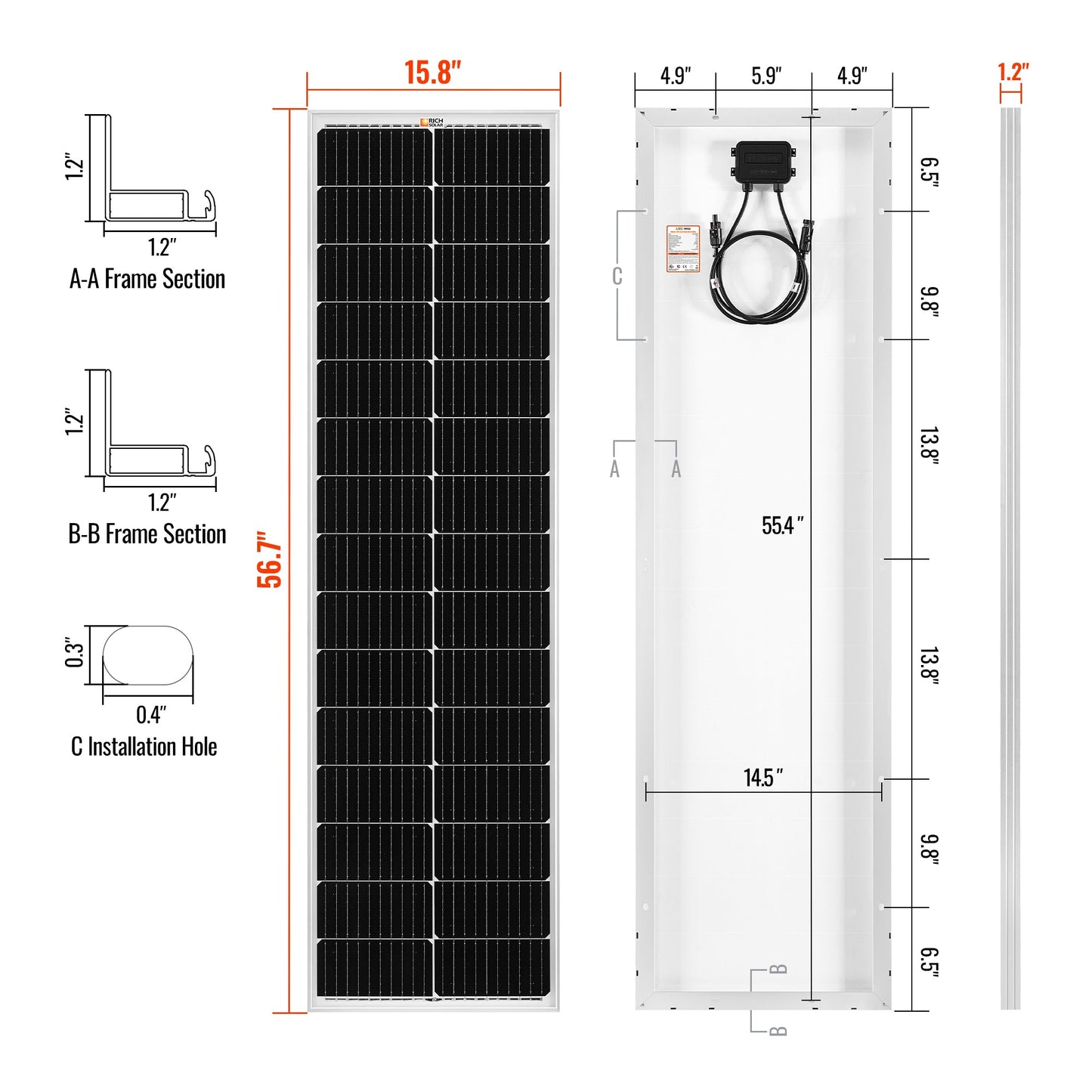 RICH SOLAR 100W MEGA SLIM Solar Panel (12V Monocrystalline, RS-M100SLX)