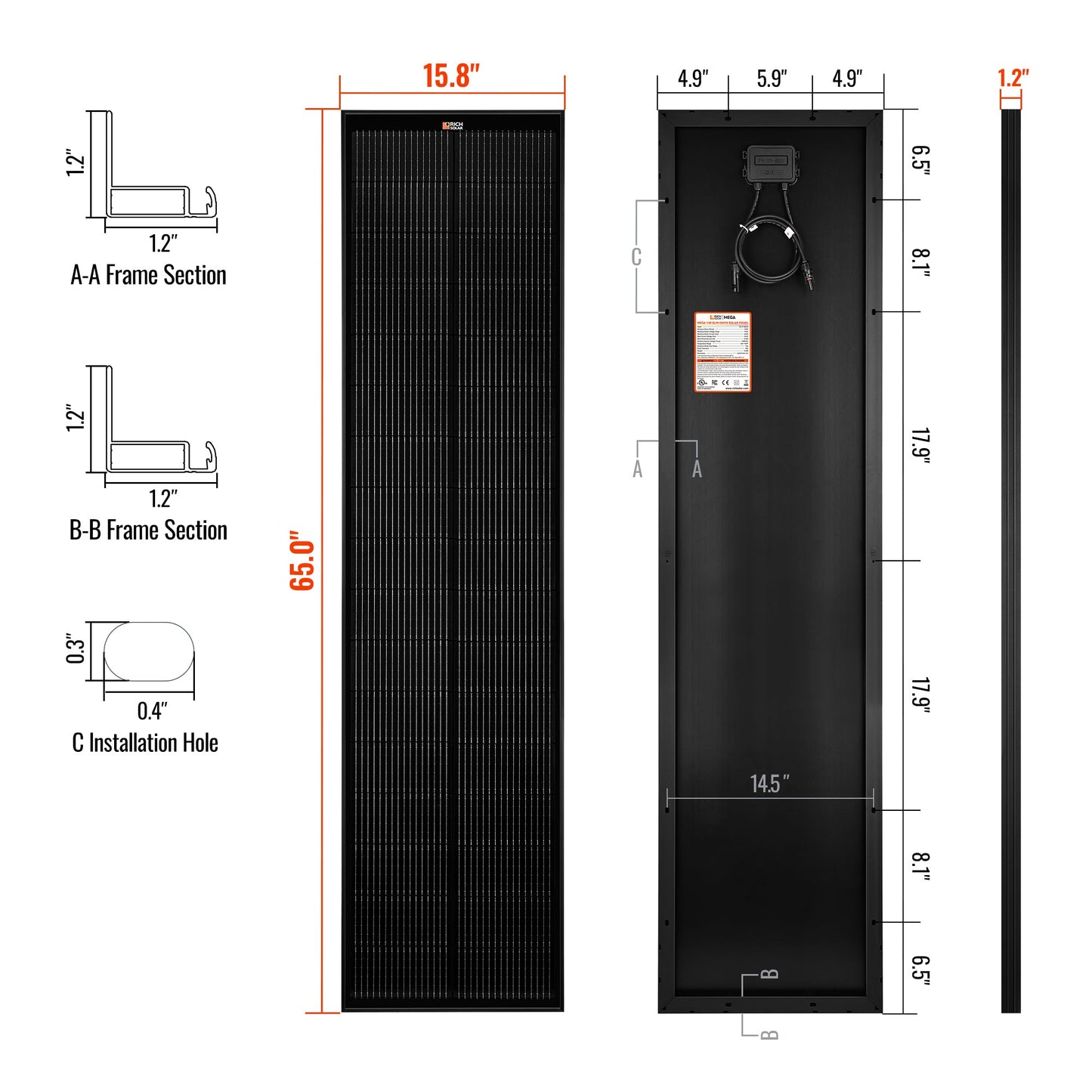 RICH SOLAR MEGA 130 Slim 12V Mono Solar Panel (Onyx Black & Silver)