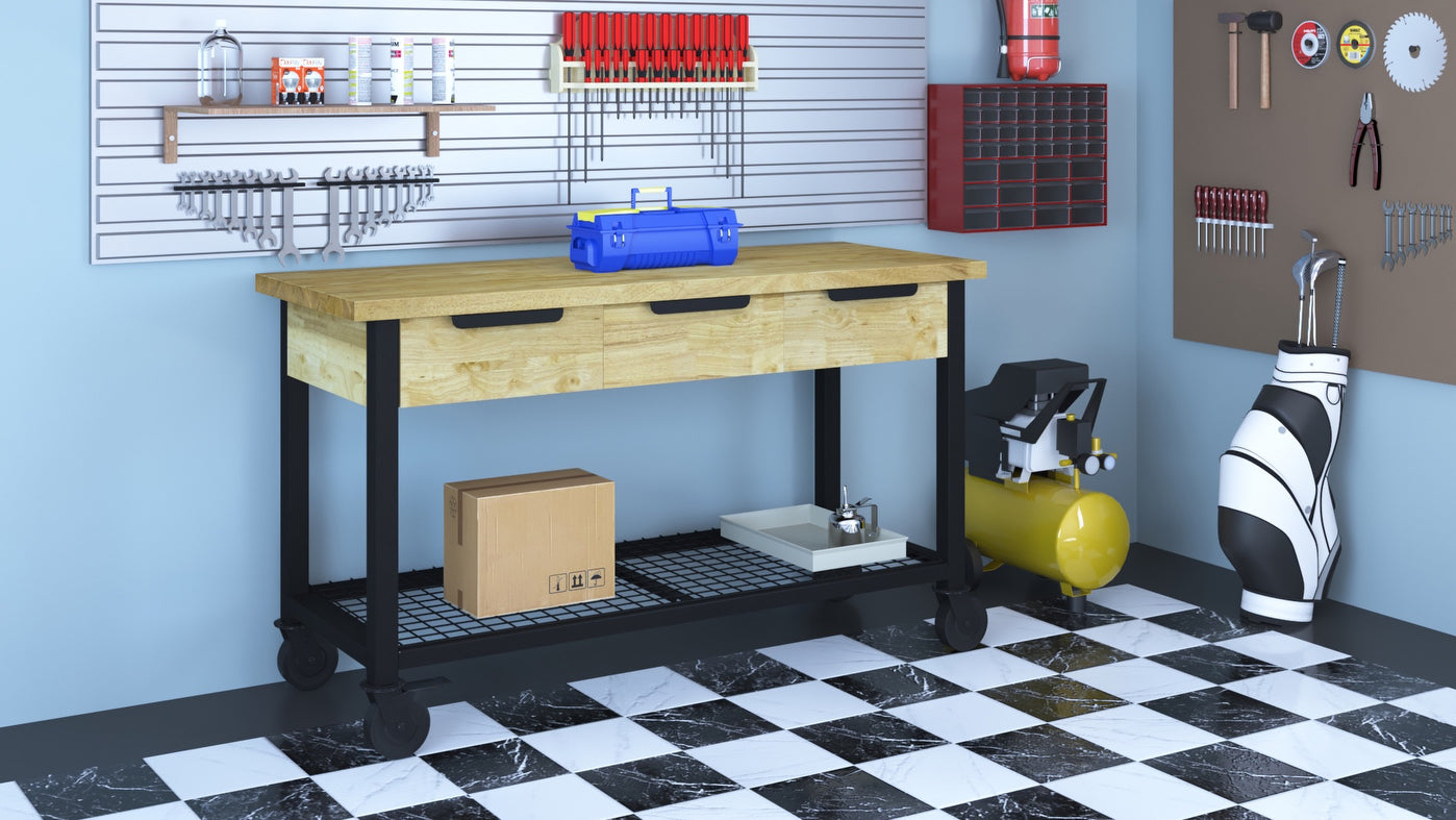 Duramax Rove 62 in. x 24 in. 3-Drawer Mobile Workbench with Solid Wood Top 68004
