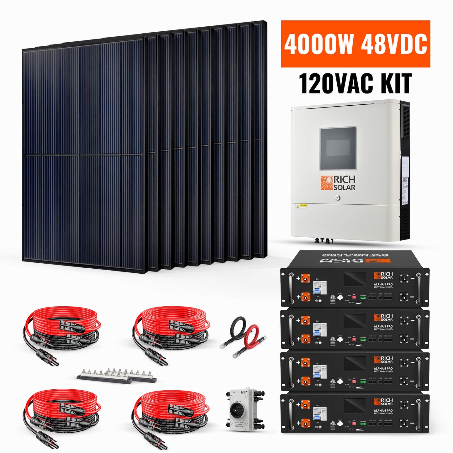 Rich Solar 4000W 48VDC 120VAC Complete Hybrid Solar Kit